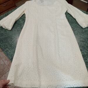 Pendleton Cream Crochet Lace Overlay Knee Length Dress SZ 12 Flare Poof Sleeves